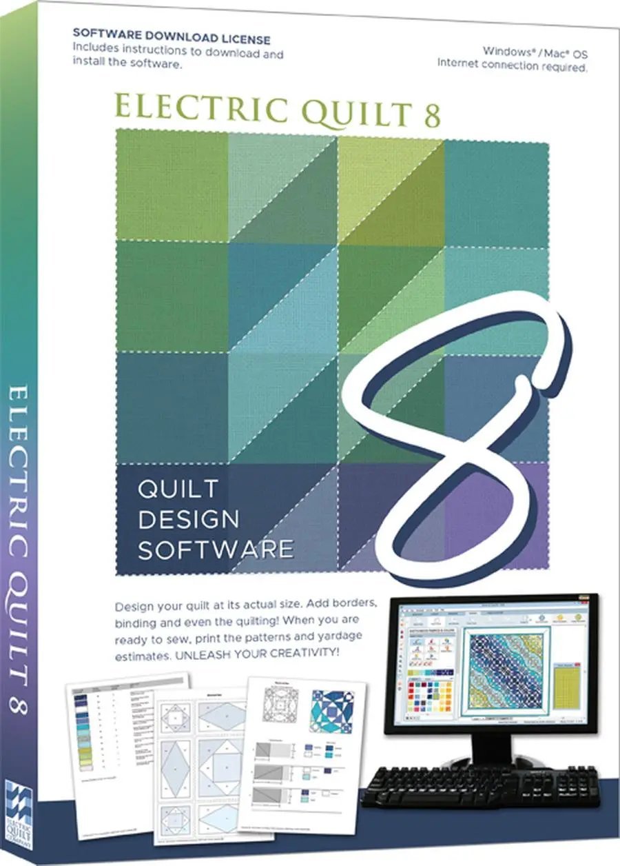 Electric Quilt 8 Quilt Design Software box featuring a colorful quilt block grid and a computer monitor display.