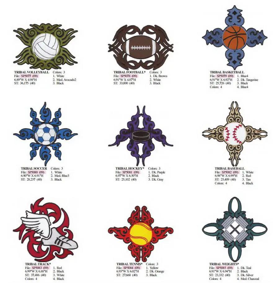 Dakota Collectibles Sports #55 Embroidery Designs set of 9 colorful tribal sports motifs