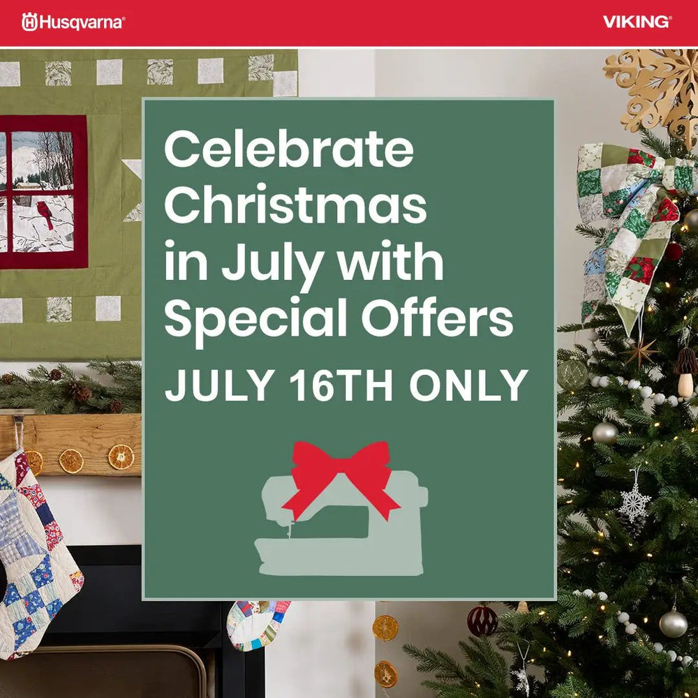 Husqvarna Viking Amber Air S600 Coverlock serger displayed on a Christmas promo banner with Husqvarna and Viking logos.